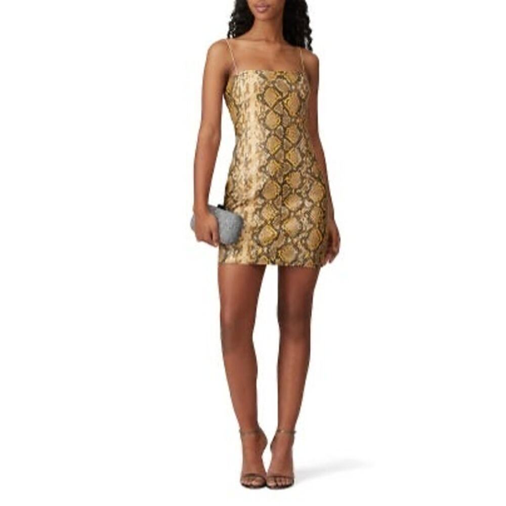 LIKELY Women's Yellow Metallic Snake Print Faux Leather Hayley Mini Dress Size 8